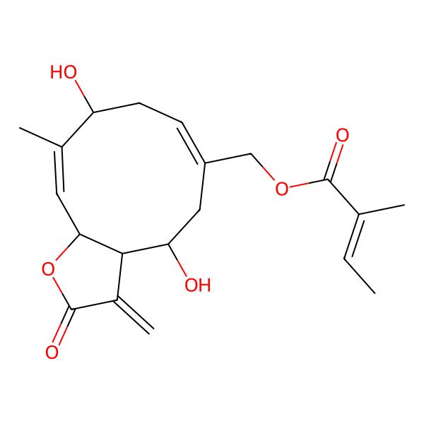 2D Structure of [(3aS,4S,6Z,9S,10E,11aS)-4,9-dihydroxy-10-methyl-3-methylidene-2-oxo-3a,4,5,8,9,11a-hexahydrocyclodeca[b]furan-6-yl]methyl (E)-2-methylbut-2-enoate