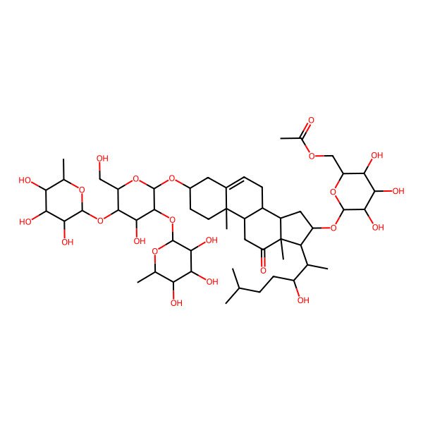 2D Structure of [(2R,3S,4S,5R,6R)-3,4,5-trihydroxy-6-[[(3S,8R,9S,10R,13S,14S,16S,17R)-3-[(2R,3R,4S,5S,6R)-4-hydroxy-6-(hydroxymethyl)-3,5-bis[[(2S,3R,4R,5R,6S)-3,4,5-trihydroxy-6-methyloxan-2-yl]oxy]oxan-2-yl]oxy-17-[(2S,3S)-3-hydroxy-6-methylheptan-2-yl]-10,13-dimethyl-12-oxo-1,2,3,4,7,8,9,11,14,15,16,17-dodecahydrocyclopenta[a]phenanthren-16-yl]oxy]oxan-2-yl]methyl acetate