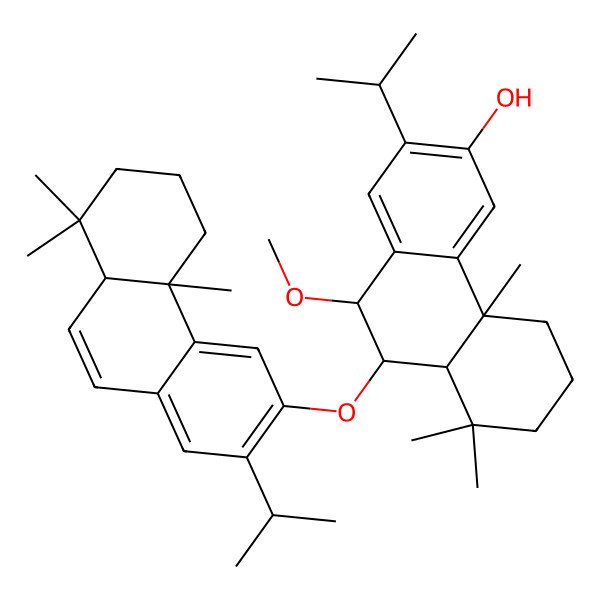 2D Structure of (4bS,8aS,9R,10S)-9-[[(4bR,8aR)-4b,8,8-trimethyl-2-propan-2-yl-5,6,7,8a-tetrahydrophenanthren-3-yl]oxy]-10-methoxy-4b,8,8-trimethyl-2-propan-2-yl-5,6,7,8a,9,10-hexahydrophenanthren-3-ol