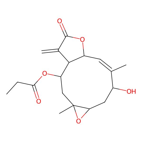 2D Structure of (8-Hydroxy-4,9-dimethyl-14-methylidene-13-oxo-5,12-dioxatricyclo[9.3.0.04,6]tetradec-9-en-2-yl) propanoate