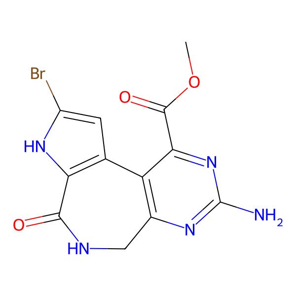 2D Structure of Methyl 12-amino-4-bromo-7-oxo-5,8,11,13-tetrazatricyclo[8.4.0.02,6]tetradeca-1(10),2(6),3,11,13-pentaene-14-carboxylate