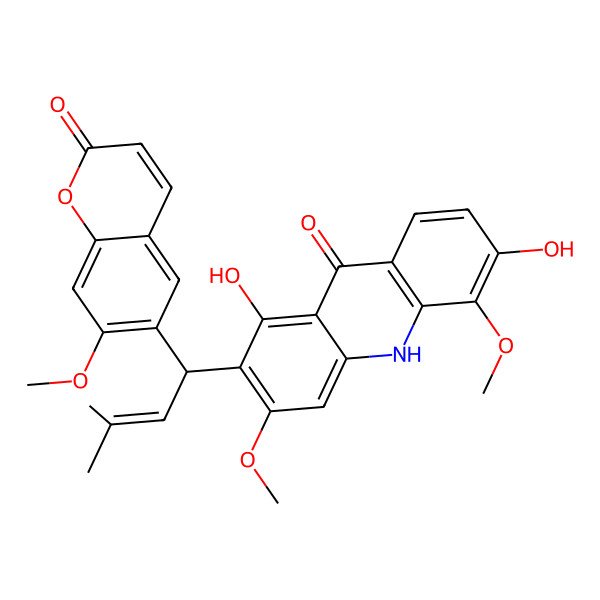 2D Structure of 1,6-dihydroxy-3,5-dimethoxy-2-[(1S)-1-(7-methoxy-2-oxochromen-6-yl)-3-methylbut-2-enyl]-10H-acridin-9-one