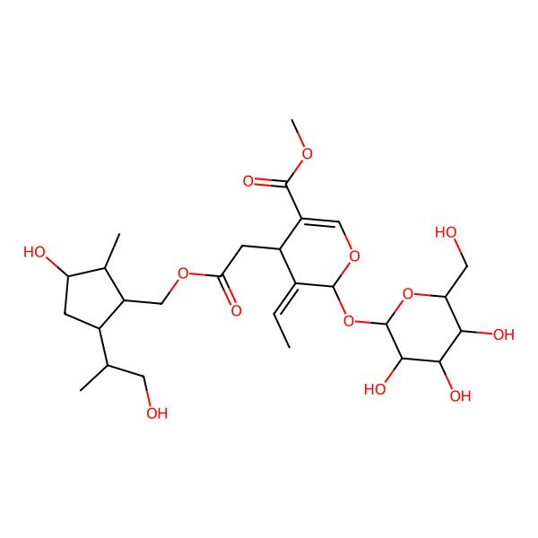 2D Structure of methyl (4S,5Z,6S)-5-ethylidene-4-[2-[[(1S,2S,3S,5S)-3-hydroxy-5-(1-hydroxypropan-2-yl)-2-methylcyclopentyl]methoxy]-2-oxoethyl]-6-[(2S,3R,4S,5S,6R)-3,4,5-trihydroxy-6-(hydroxymethyl)oxan-2-yl]oxy-4H-pyran-3-carboxylate