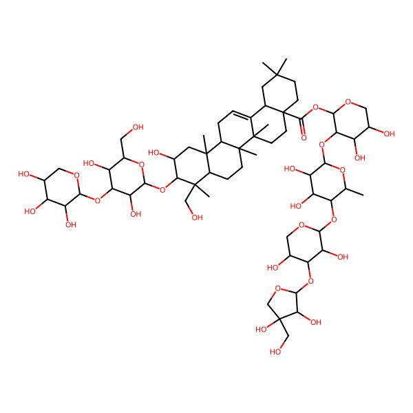 2D Structure of [(2S,3R,4S,5S)-3-[(2S,3R,4R,5R,6S)-5-[(2S,3R,4S,5R)-4-[(2S,3R,4R)-3,4-dihydroxy-4-(hydroxymethyl)oxolan-2-yl]oxy-3,5-dihydroxyoxan-2-yl]oxy-3,4-dihydroxy-6-methyloxan-2-yl]oxy-4,5-dihydroxyoxan-2-yl] (4aS,6aR,6aS,6bR,8aR,9R,10R,11S,12aR,14bS)-10-[(2R,3R,4S,5R,6R)-3,5-dihydroxy-6-(hydroxymethyl)-4-[(2S,3R,4S,5R)-3,4,5-trihydroxyoxan-2-yl]oxyoxan-2-yl]oxy-11-hydroxy-9-(hydroxymethyl)-2,2,6a,6b,9,12a-hexamethyl-1,3,4,5,6,6a,7,8,8a,10,11,12,13,14b-tetradecahydropicene-4a-carboxylate