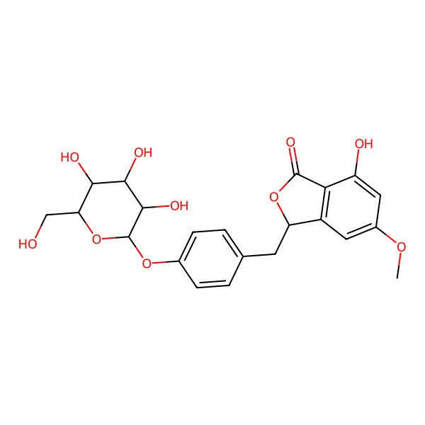 2D Structure of 7-hydroxy-5-methoxy-3-[[4-[3,4,5-trihydroxy-6-(hydroxymethyl)oxan-2-yl]oxyphenyl]methyl]-3H-2-benzofuran-1-one
