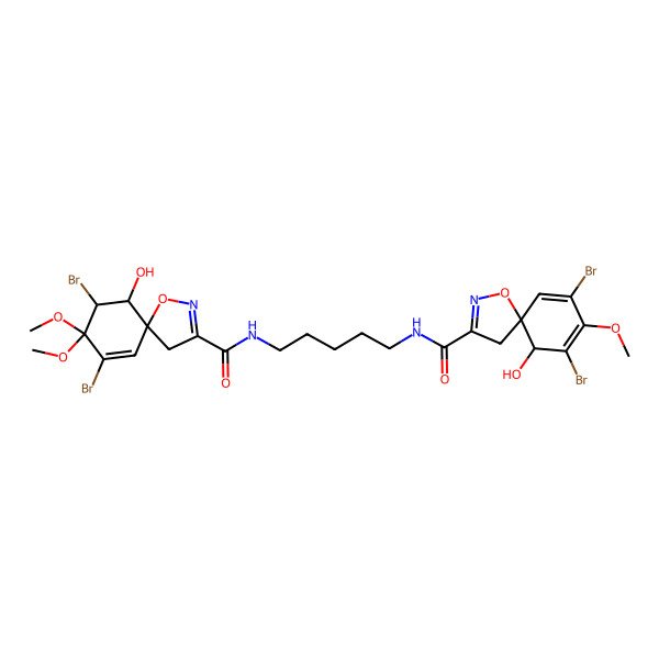 2D Structure of (5S,6R)-7,9-dibromo-N-[5-[[(5S,6R,7S)-7,9-dibromo-6-hydroxy-8,8-dimethoxy-1-oxa-2-azaspiro[4.5]deca-2,9-diene-3-carbonyl]amino]pentyl]-6-hydroxy-8-methoxy-1-oxa-2-azaspiro[4.5]deca-2,7,9-triene-3-carboxamide