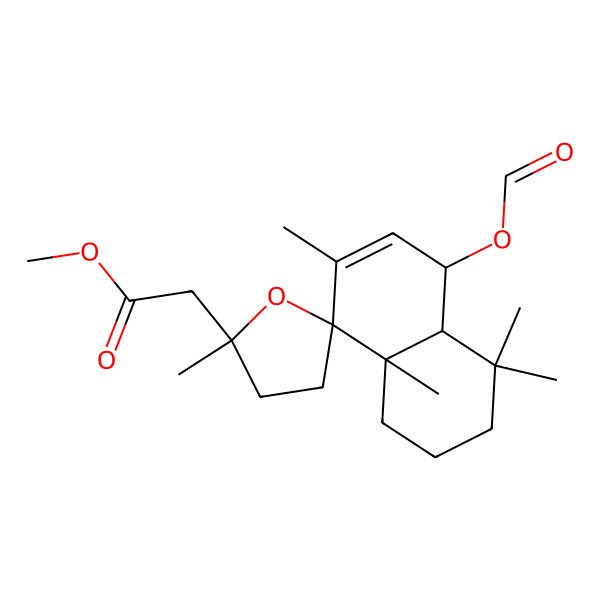 2D Structure of methyl 2-[(2'R,4aS,5S,8R,8aS)-5-formyloxy-2',4,4,7,8a-pentamethylspiro[2,3,4a,5-tetrahydro-1H-naphthalene-8,5'-oxolane]-2'-yl]acetate