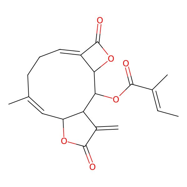 2D Structure of [(1S,2S,3S,6E,10E,12R)-10-methyl-15-methylidene-5,14-dioxo-4,13-dioxatricyclo[10.3.0.03,6]pentadeca-6,10-dien-2-yl] (Z)-2-methylbut-2-enoate