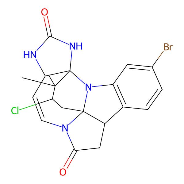 2D Structure of 5-Bromo-21-chloro-20,20-dimethyl-2,12,16,18-tetrazahexacyclo[10.10.0.01,9.02,19.03,8.015,19]docosa-3(8),4,6,13-tetraene-11,17-dione