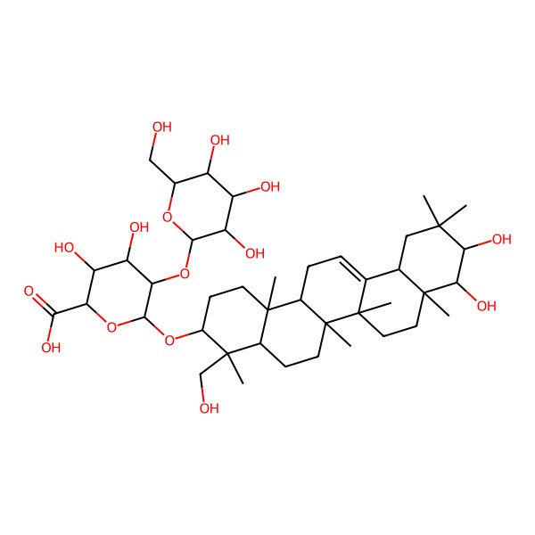 2D Structure of (2S,3S,4S,5R,6R)-6-[[(3S,4S,4aR,6aR,6bS,8aR,9S,10S,12aS,14aR,14bR)-9,10-dihydroxy-4-(hydroxymethyl)-4,6a,6b,8a,11,11,14b-heptamethyl-1,2,3,4a,5,6,7,8,9,10,12,12a,14,14a-tetradecahydropicen-3-yl]oxy]-3,4-dihydroxy-5-[(2S,3R,4S,5R,6R)-3,4,5-trihydroxy-6-(hydroxymethyl)oxan-2-yl]oxyoxane-2-carboxylic acid