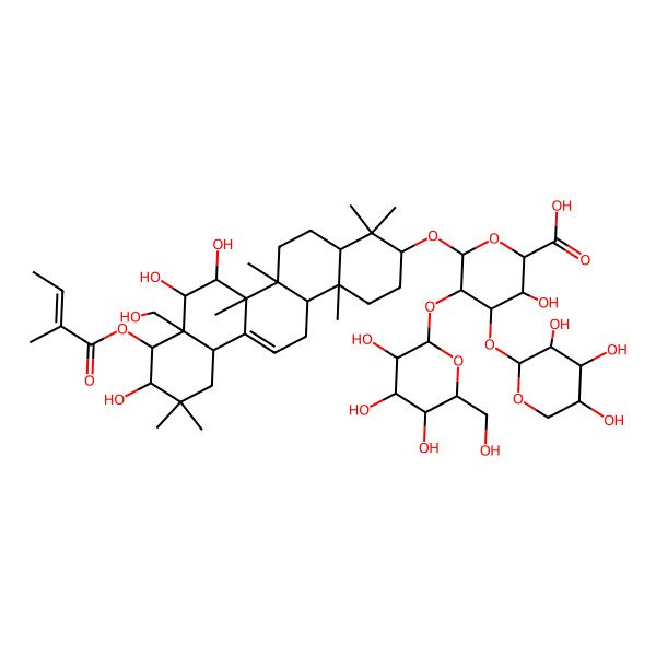 2D Structure of (2S,3S,4S,5R,6S)-6-[[(3S,4aR,6aR,6bS,7R,8S,8aR,9R,10R,12aS,14aR,14bR)-7,8,10-trihydroxy-8a-(hydroxymethyl)-4,4,6a,6b,11,11,14b-heptamethyl-9-[(Z)-2-methylbut-2-enoyl]oxy-1,2,3,4a,5,6,7,8,9,10,12,12a,14,14a-tetradecahydropicen-3-yl]oxy]-3-hydroxy-5-[(2S,3R,4S,5S,6R)-3,4,5-trihydroxy-6-(hydroxymethyl)oxan-2-yl]oxy-4-[(2S,3R,4S,5S)-3,4,5-trihydroxyoxan-2-yl]oxyoxane-2-carboxylic acid