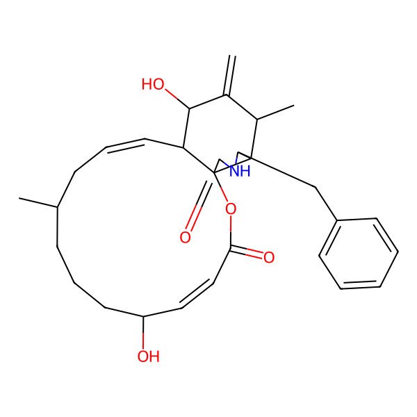 2D Structure of 2H-Oxacyclotetradec[2,3-d]isoindole-2,18(5H)-dione, 16-benzyl-6,7,8,9,10,12a,13,14,15,15a,16,17-dodecahydro-5,13-dihydroxy-9,15-dimethyl-14-methylene-, (E,E)-(5S,9R,12aS,13S,15S,15aS,16S,18aS)-