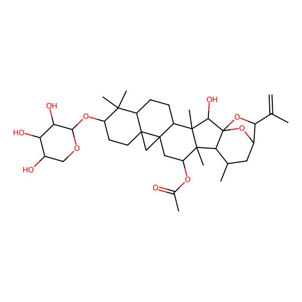 2D Structure of [(2R,3S,4R,7R,9S,12R,14R,16R,17R,18R,19R,21R,22S)-2-hydroxy-3,8,8,17,19-pentamethyl-22-prop-1-en-2-yl-9-[(2S,3R,4S,5R)-3,4,5-trihydroxyoxan-2-yl]oxy-23,24-dioxaheptacyclo[19.2.1.01,18.03,17.04,14.07,12.012,14]tetracosan-16-yl] acetate