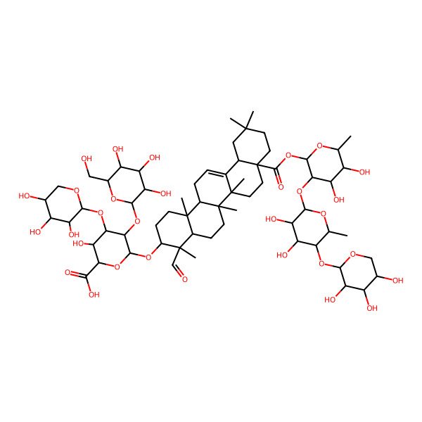 2D Structure of (2S,3S,4S,5R,6R)-6-[[(3S,4S,4aR,6aR,6bS,8aS,12aS,14aR,14bS)-8a-[(2S,3R,4S,5R,6R)-3-[(2S,3R,4R,5R,6S)-3,4-dihydroxy-6-methyl-5-[(2S,3R,4S,5R)-3,4,5-trihydroxyoxan-2-yl]oxyoxan-2-yl]oxy-4,5-dihydroxy-6-methyloxan-2-yl]oxycarbonyl-4-formyl-4,6a,6b,11,11,14b-hexamethyl-1,2,3,4a,5,6,7,8,9,10,12,12a,14,14a-tetradecahydropicen-3-yl]oxy]-3-hydroxy-5-[(2S,3R,4S,5R,6R)-3,4,5-trihydroxy-6-(hydroxymethyl)oxan-2-yl]oxy-4-[(2S,3R,4S,5R)-3,4,5-trihydroxyoxan-2-yl]oxyoxane-2-carboxylic acid