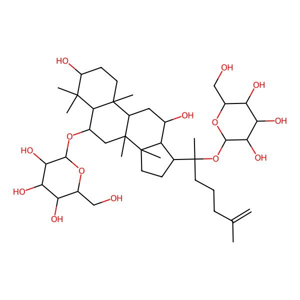 2D Structure of 2-[[3,12-dihydroxy-4,4,8,10,14-pentamethyl-17-[6-methyl-2-[3,4,5-trihydroxy-6-(hydroxymethyl)oxan-2-yl]oxyhept-6-en-2-yl]-2,3,5,6,7,9,11,12,13,15,16,17-dodecahydro-1H-cyclopenta[a]phenanthren-6-yl]oxy]-6-(hydroxymethyl)oxane-3,4,5-triol