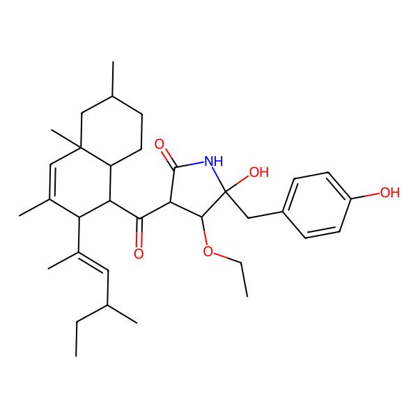 2D Structure of (3R,4S,5S)-3-[(1S,2S,4aR,6S,8aR)-3,4a,6-trimethyl-2-[(E,4R)-4-methylhex-2-en-2-yl]-2,5,6,7,8,8a-hexahydro-1H-naphthalene-1-carbonyl]-4-ethoxy-5-hydroxy-5-[(4-hydroxyphenyl)methyl]pyrrolidin-2-one