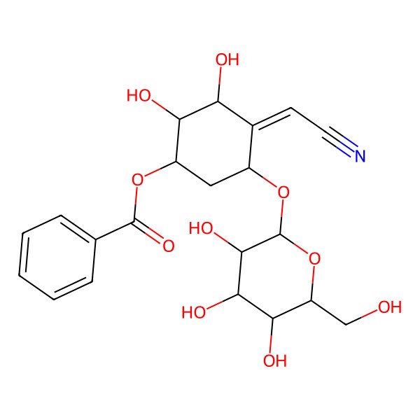 2D Structure of [(1S,2R,3S,4Z,5R)-4-(cyanomethylidene)-2,3-dihydroxy-5-[(2R,3R,4S,5S,6R)-3,4,5-trihydroxy-6-(hydroxymethyl)oxan-2-yl]oxycyclohexyl] benzoate