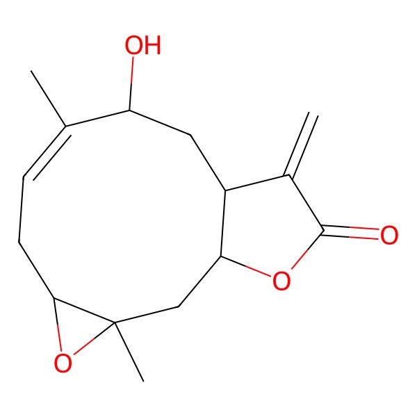 2D Structure of (1R,3S,5R,7Z,9S,11S)-9-hydroxy-3,8-dimethyl-12-methylidene-4,14-dioxatricyclo[9.3.0.03,5]tetradec-7-en-13-one