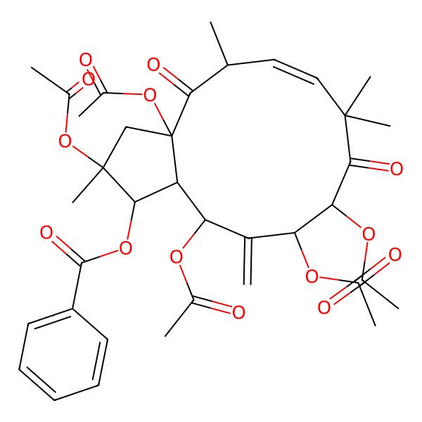 2D Structure of [(1R,2R,3aR,5S,6E,10R,11S,13R,13aS)-2,3a,10,11,13-pentaacetyloxy-2,5,8,8-tetramethyl-12-methylidene-4,9-dioxo-3,5,10,11,13,13a-hexahydro-1H-cyclopenta[12]annulen-1-yl] benzoate