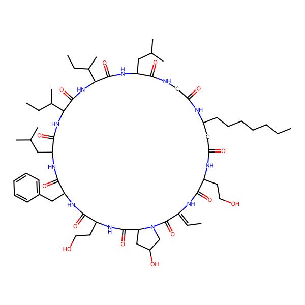 2D Structure of (3Z)-28-benzyl-19,22-di(butan-2-yl)-3-ethylidene-10-heptyl-36-hydroxy-6,31-bis(2-hydroxyethyl)-16,25-bis(2-methylpropyl)-1,4,7,11,14,17,20,23,26,29,32-undecazabicyclo[32.3.0]heptatriacontane-2,5,8,12,15,18,21,24,27,30,33-undecone