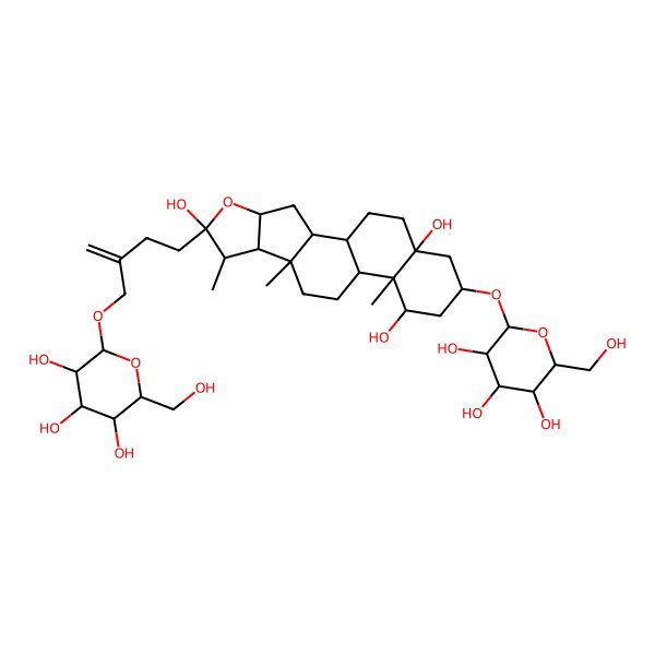 2D Structure of 7,9,13-Trimethyl-16-[3,4,5-trihydroxy-6-(hydroxymethyl)oxan-2-yl]oxy-6-[3-[[3,4,5-trihydroxy-6-(hydroxymethyl)oxan-2-yl]oxymethyl]but-3-enyl]-5-oxapentacyclo[10.8.0.02,9.04,8.013,18]icosane-6,14,18-triol