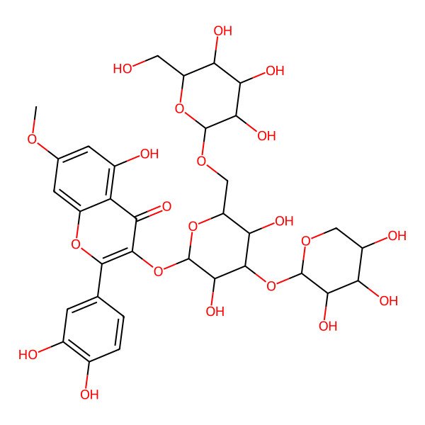 2D Structure of 2-(3,4-dihydroxyphenyl)-3-[(2S,3S,4S,5S,6R)-3,5-dihydroxy-6-[[(2R,3R,4S,5R,6R)-3,4,5-trihydroxy-6-(hydroxymethyl)oxan-2-yl]oxymethyl]-4-[(2R,3R,4R,5R)-3,4,5-trihydroxyoxan-2-yl]oxyoxan-2-yl]oxy-5-hydroxy-7-methoxychromen-4-one