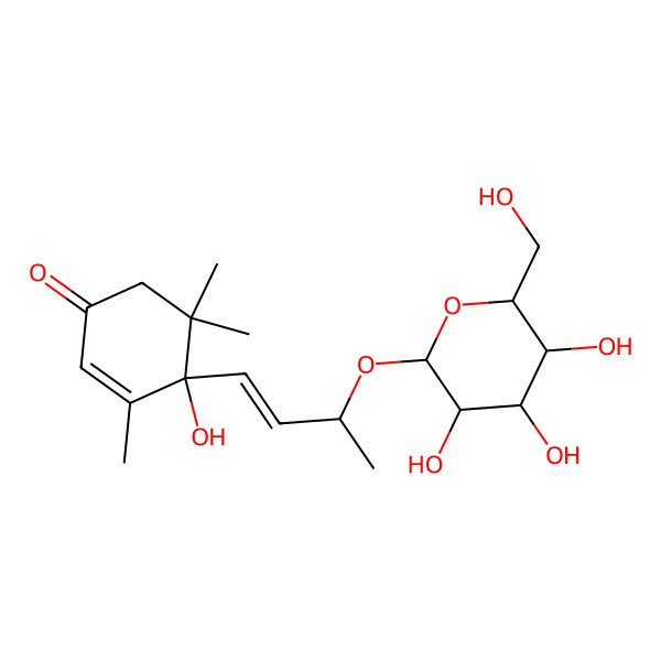 2D Structure of (4S)-4-hydroxy-3,5,5-trimethyl-4-[(E,3R)-3-[(2R,3R,4R,5R,6S)-3,4,5-trihydroxy-6-(hydroxymethyl)oxan-2-yl]oxybut-1-enyl]cyclohex-2-en-1-one