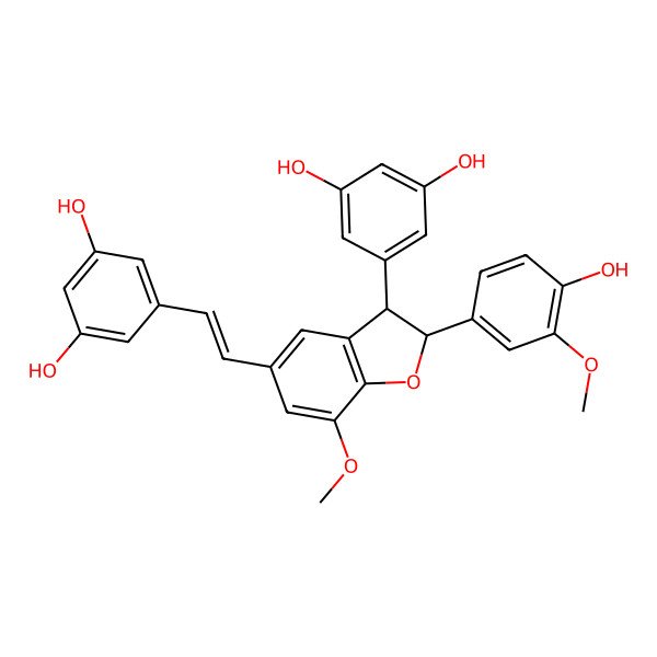 2D Structure of 5-[(E)-2-[(3S)-3-(3,5-dihydroxyphenyl)-2-(4-hydroxy-3-methoxyphenyl)-7-methoxy-2,3-dihydro-1-benzofuran-5-yl]ethenyl]benzene-1,3-diol