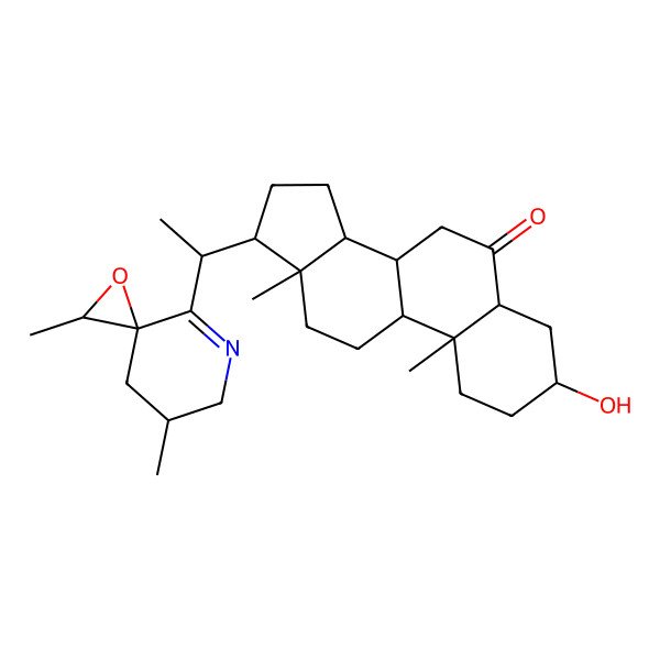 2D Structure of (3S,5S,8S,9S,10R,13S,14S,17R)-17-[1-[(2R,3R,5S)-2,5-dimethyl-1-oxa-7-azaspiro[2.5]oct-7-en-8-yl]ethyl]-3-hydroxy-10,13-dimethyl-1,2,3,4,5,7,8,9,11,12,14,15,16,17-tetradecahydrocyclopenta[a]phenanthren-6-one