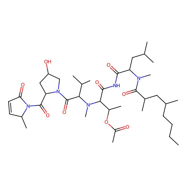 2D Structure of [(2R,3S)-4-[[(2S)-2-[[(2R,4R)-2,4-dimethyloctanoyl]-methylamino]-4-methylpentanoyl]amino]-3-[[(2S)-1-[(2S,4S)-4-hydroxy-2-[(2S)-2-methyl-5-oxo-2H-pyrrole-1-carbonyl]pyrrolidin-1-yl]-3-methyl-1-oxobutan-2-yl]-methylamino]-4-oxobutan-2-yl] acetate
