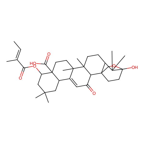 2D Structure of 20-Hydroxy-8,8,14,15,19,19-hexamethyl-10-(2-methylbut-2-enoyloxy)-3-oxo-21-oxahexacyclo[18.2.2.01,18.02,15.05,14.06,11]tetracos-4-ene-11-carboxylic acid