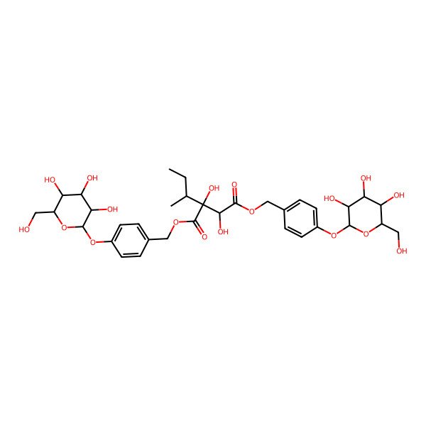 2D Structure of bis[[4-[(2S,3R,4S,5S,6R)-3,4,5-trihydroxy-6-(hydroxymethyl)oxan-2-yl]oxyphenyl]methyl] (2R,3S)-2-[(2S)-butan-2-yl]-2,3-dihydroxybutanedioate