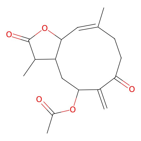 2D Structure of [(3S,10E,11aS)-3,10-dimethyl-6-methylidene-2,7-dioxo-3a,4,5,8,9,11a-hexahydro-3H-cyclodeca[b]furan-5-yl] acetate