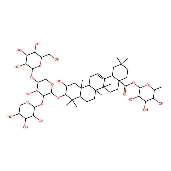 2D Structure of [(2S,3R,4R,5R,6S)-3,4,5-trihydroxy-6-methyloxan-2-yl] (4aS,6aR,6aS,6bR,8aR,10R,11R,12aR,14bS)-11-hydroxy-10-[(2S,3R,4S,5R)-4-hydroxy-5-[(2S,3R,4S,5S,6R)-3,4,5-trihydroxy-6-(hydroxymethyl)oxan-2-yl]oxy-3-[(2S,3R,4S,5R)-3,4,5-trihydroxyoxan-2-yl]oxyoxan-2-yl]oxy-2,2,6a,6b,9,9,12a-heptamethyl-1,3,4,5,6,6a,7,8,8a,10,11,12,13,14b-tetradecahydropicene-4a-carboxylate