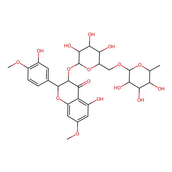 2D Structure of (2S,3R)-5-hydroxy-2-(3-hydroxy-4-methoxyphenyl)-7-methoxy-3-[(2S,3R,4S,5S,6R)-3,4,5-trihydroxy-6-[[(2S,3R,4R,5R,6S)-3,4,5-trihydroxy-6-methyloxan-2-yl]oxymethyl]oxan-2-yl]oxy-2,3-dihydrochromen-4-one