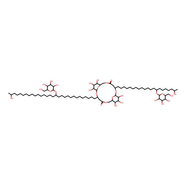 2D Structure of (1R,3S,8S,9S,10S,11S,12R,14S,19R,20S,21S,22R)-9,10,11,20,21,22-hexahydroxy-3-[(14R,20R)-20-hydroxy-14-[(2R,3S,4S,5R,6R)-3,4,5-trihydroxy-6-(hydroxymethyl)oxan-2-yl]oxyhenicosyl]-14-[(14R,29R)-29-hydroxy-14-[(2R,3S,4S,5R,6R)-3,4,5-trihydroxy-6-(hydroxymethyl)oxan-2-yl]oxytriacontyl]-2,6,13,17,23,24-hexaoxatricyclo[17.3.1.18,12]tetracosane-5,16-dione