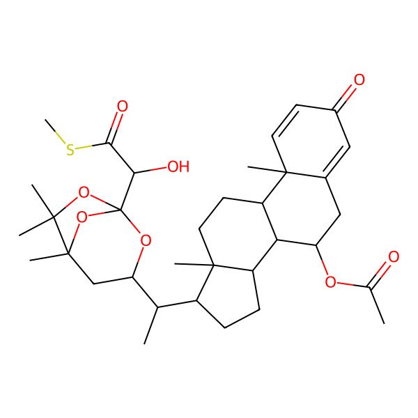 2D Structure of [17-[1-[1-(1-Hydroxy-2-methylsulfanyl-2-oxoethyl)-5,6,6-trimethyl-2,7,8-trioxabicyclo[3.2.1]octan-3-yl]ethyl]-10,13-dimethyl-3-oxo-6,7,8,9,11,12,14,15,16,17-decahydrocyclopenta[a]phenanthren-7-yl] acetate