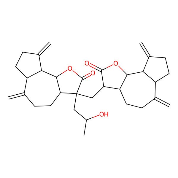 2D Structure of (3S,3aS,6aR,9aR,9bS)-3-[[(3S,3aS,6aR,9aR,9bS)-6,9-dimethylidene-2-oxo-3a,4,5,6a,7,8,9a,9b-octahydro-3H-azuleno[4,5-b]furan-3-yl]methyl]-3-(2-hydroxypropyl)-6,9-dimethylidene-3a,4,5,6a,7,8,9a,9b-octahydroazuleno[4,5-b]furan-2-one
