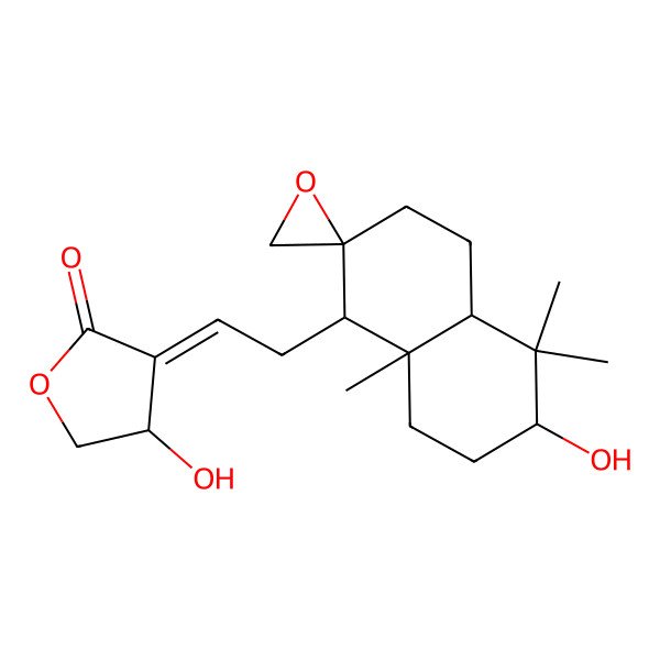2D Structure of 4-hydroxy-3-[2-(6-hydroxy-5,5,8a-trimethylspiro[3,4,4a,6,7,8-hexahydro-1H-naphthalene-2,2'-oxirane]-1-yl)ethylidene]oxolan-2-one