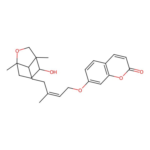 2D Structure of 7-[(E)-5-[(1R,2R,5S,8R)-2-hydroxy-1,5-dimethyl-6-oxabicyclo[3.2.1]octan-8-yl]-3-methylpent-2-enoxy]chromen-2-one