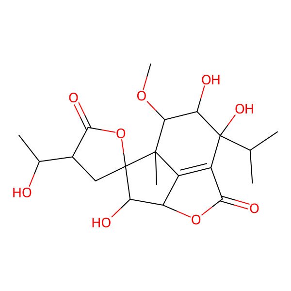 2D Structure of (3'S,4S,5R,6S,7S,8S,9S,10R)-5,9,10-trihydroxy-3'-[(1S)-1-hydroxyethyl]-8-methoxy-7-methyl-10-propan-2-ylspiro[3-oxatricyclo[5.3.1.04,11]undec-1(11)-ene-6,5'-oxolane]-2,2'-dione