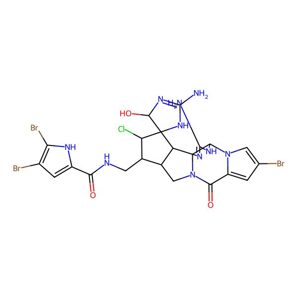 2D Structure of 4,5-dibromo-N-[[(1'S,4R,5S,5'R,14'S,15'R,16'S,18'R)-2,3'-diamino-8'-bromo-16'-chloro-4-hydroxy-11'-oxospiro[1,4-dihydroimidazole-5,17'-2,4,6,12-tetrazapentacyclo[10.6.0.01,5.06,10.014,18]octadeca-2,7,9-triene]-15'-yl]methyl]-1H-pyrrole-2-carboxamide