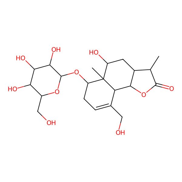 2D Structure of 5-Hydroxy-9-(hydroxymethyl)-3,5a-dimethyl-6-[3,4,5-trihydroxy-6-(hydroxymethyl)oxan-2-yl]oxy-3,3a,4,5,6,7,9a,9b-octahydrobenzo[g][1]benzofuran-2-one