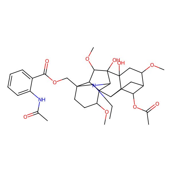 2D Structure of [(1S,2R,3R,4S,5R,6S,8R,9S,10S,13S,16S,17R,18S)-4-acetyloxy-11-ethyl-8,9-dihydroxy-6,16,18-trimethoxy-11-azahexacyclo[7.7.2.12,5.01,10.03,8.013,17]nonadecan-13-yl]methyl 2-acetamidobenzoate