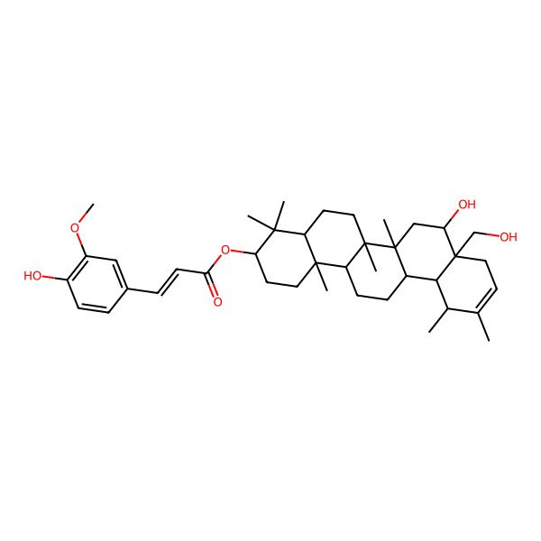 2D Structure of [(3S,4aR,6aR,6aR,6bR,8S,8aS,12S,12aR,14aR,14bR)-8-hydroxy-8a-(hydroxymethyl)-4,4,6a,6b,11,12,14b-heptamethyl-2,3,4a,5,6,6a,7,8,9,12,12a,13,14,14a-tetradecahydro-1H-picen-3-yl] (E)-3-(4-hydroxy-3-methoxyphenyl)prop-2-enoate