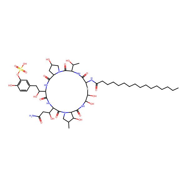 2D Structure of [5-[2-[3-(3-Amino-1-hydroxy-3-oxopropyl)-18-(hexadecanoylamino)-11,20,21,25-tetrahydroxy-15-(1-hydroxyethyl)-26-methyl-2,5,8,14,17,23-hexaoxo-1,4,7,13,16,22-hexazatricyclo[22.3.0.09,13]heptacosan-6-yl]-2-hydroxyethyl]-2-hydroxyphenyl] hydrogen sulfate