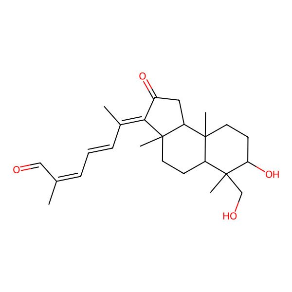 2D Structure of (2E,4E,6E)-6-[(3aS,5aR,6S,7R,9aR,9bS)-7-hydroxy-6-(hydroxymethyl)-3a,6,9a-trimethyl-2-oxo-1,4,5,5a,7,8,9,9b-octahydrocyclopenta[a]naphthalen-3-ylidene]-2-methylhepta-2,4-dienal