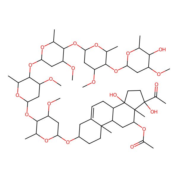 2D Structure of [(3S,8R,9S,10R,12R,13S,14S,17S)-17-acetyl-14,17-dihydroxy-3-[(2R,4S,5R,6R)-5-[(2S,4R,5S,6S)-5-[(2S,4R,5S,6S)-5-[(2S,4S,5R,6R)-5-[(2S,4R,5S,6S)-5-hydroxy-4-methoxy-6-methyloxan-2-yl]oxy-4-methoxy-6-methyloxan-2-yl]oxy-4-methoxy-6-methyloxan-2-yl]oxy-4-methoxy-6-methyloxan-2-yl]oxy-4-methoxy-6-methyloxan-2-yl]oxy-10,13-dimethyl-2,3,4,7,8,9,11,12,15,16-decahydro-1H-cyclopenta[a]phenanthren-12-yl] acetate