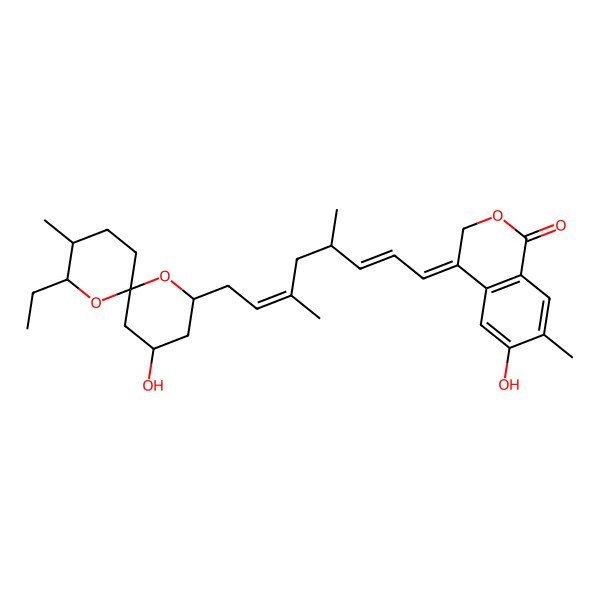 2D Structure of (4Z)-4-[(2E,4R,6E)-8-[(2R,3S,6R,8R,10S)-2-ethyl-10-hydroxy-3-methyl-1,7-dioxaspiro[5.5]undecan-8-yl]-4,6-dimethylocta-2,6-dienylidene]-6-hydroxy-7-methylisochromen-1-one