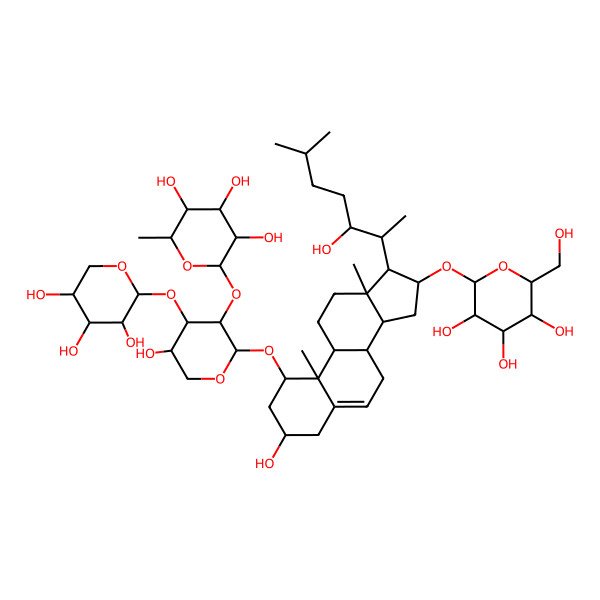 2D Structure of (2S,3R,4R,5R,6S)-2-[(2S,3R,4S,5R)-5-hydroxy-2-[[(1R,3R,8S,9S,10R,13S,14S,16S,17R)-3-hydroxy-17-[(2S,3S)-3-hydroxy-6-methylheptan-2-yl]-10,13-dimethyl-16-[(2R,3R,4S,5S,6R)-3,4,5-trihydroxy-6-(hydroxymethyl)oxan-2-yl]oxy-2,3,4,7,8,9,11,12,14,15,16,17-dodecahydro-1H-cyclopenta[a]phenanthren-1-yl]oxy]-4-[(2S,3R,4S,5R)-3,4,5-trihydroxyoxan-2-yl]oxyoxan-3-yl]oxy-6-methyloxane-3,4,5-triol